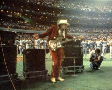 Stevie Ray Vaughan performs the National Anthem at the Houston Astrodome April 10, 1985